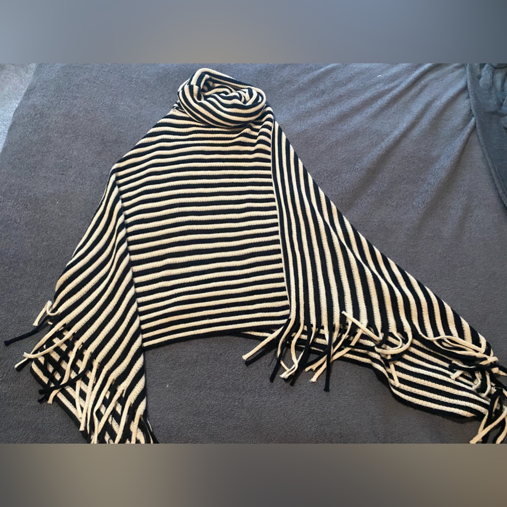 Cowl Neck Tan and Black Shawl Poncho One Size